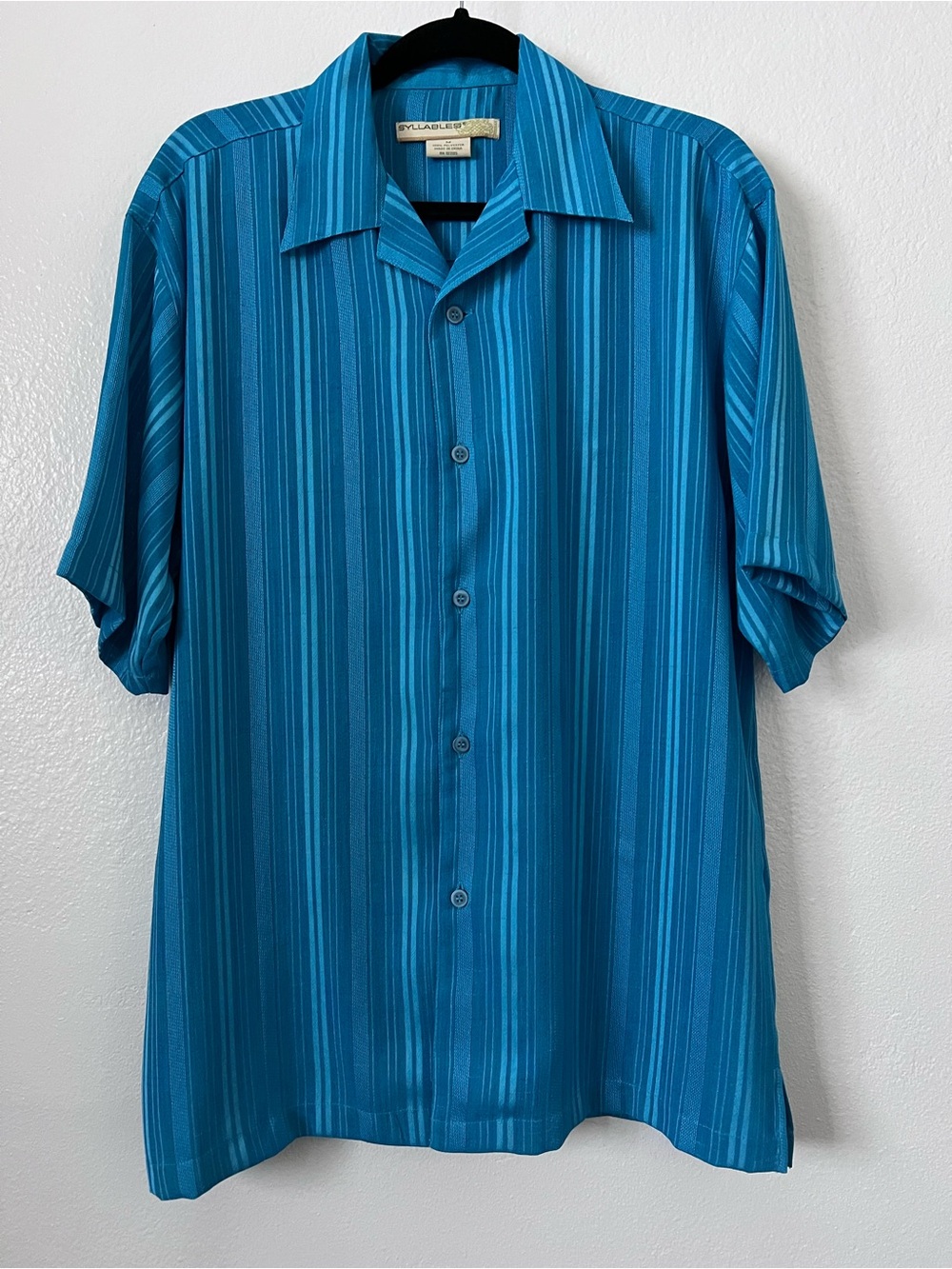 Syllables Men’s M Teal Striped Camp Collar Retro Y2K Shirt